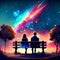 A couple sitting on a bench and watching a colorful aurora borealis. AI Generated