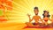 couple sitting in a lotus position, meditating with a warm, radiant sunburst in the background, and a large orange