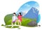 Couple Sitting on Meadow Mountain Landscape Vector