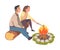 Couple Sitting Near Campfire, Tourist People Hiking, Camping and Relaxing, Summer Adventures Cartoon Style Vector