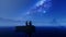 Couple Sitting On A Rock Against Isolated Cottage, Mountain Range And Starry Sky, Panning