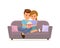 Couple sitting on sofa cuddling, eating popcorn and watching TV.