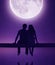 Couple sitting on wooden fence against the moonlight