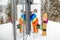 Couple in ski suits coming home in the mountains