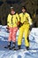 Couple skiers on mountain ski elevator