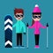 Couple skiing clothes glasses snowboard