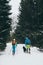 Couple skiing cross country with a dog in High Tatra mountains in winter, Slovakia