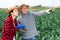 Couple of skilled workers communicate on a broccoli plantation