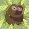 A couple of sloths hugging. Green card with palm leaves and sloths. Vector image