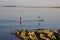 A couple slowly paddle their surf boards in the calm sea at Groomsport harbour near Bangor Northern Ireland on a calm and warm