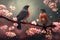 Couple of small birds on a flowered peach branch with mild mist Love concept. Generative AI