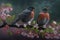 Couple of small birds on a flowered peach branch with mild mist Love concept. Generative AI