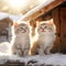 A couple of small cute kitten smiley face snowy village Generative AI