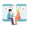 Couple with smartphone concept of online datingvector illustration. Boy and girl in phone date on line love. Internet
