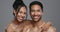 Couple, smile and care for skincare, face and portrait for wellness in studio by gray background. Happy people