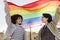 Couple of smiling girls raising the rainbow flag