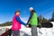 Couple With Snowboard And Ski Resort Snow Winter Mountain Smiling Man Woman