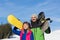 Couple With Snowboard Ski Resort Snow Winter Mountain Smiling Man And Woman Extreme Sport Vacation