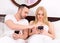 Couple socialising with mobile phones in bed