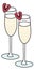 A couple of Sparkling Champagne wine glasses decorated with heart shape strawberries. Cute Valentines day doodle cartoon