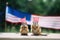 A couple of squirrels holding american flags on top of a table. Generative AI image.