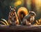 A couple of squirrels sitting on top of a tree branch, squirrels, fairytale animals, small animals, servant squirrels.