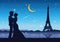 Couple stand near river at Eifel tower France,silhouette style