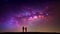 Couple standing on hill, looking at stars in dark sky with colorful nebula, couple in love on backgrounds Landscape background