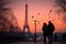 A couple stands in front of the iconic Eiffel Tower in Paris, enjoying their time together, Valentine\\\'s Day in