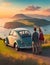 Couple stands next to a vintage car. Man and woman are standing next to the vintage car. Young travelers couple ready for road