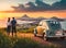 Couple stands next to a vintage car. Man and woman are standing next to the vintage car. Young travelers couple ready for road