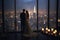 Couple stands at panoramic window of skyscraper overlooking nighttime cityscape