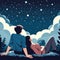Couple Stargazing on a Flat Color Hill , Romantic Vector Night Sky Scene