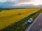 couple stop at roadside of speedway looking on yellow field on sunset