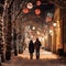 Couple strolling at night with Christmas decorations