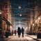 Couple strolling at night with Christmas decorations.