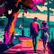 A Couple Strolls along the French Embankment, Bright Colors, Modern Art, Abstract Generative AI Illustration