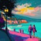 A Couple Strolls along the French Embankment, Bright Colors, Modern Art, Abstract Generative AI Illustration