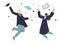 Couple of student jump cheerful celebrate graduation from university, academy education end