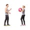 Couple in studio with fitness, gym ball and coaching for exercise, body wellness and advice. Sports workout, man and