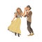 Couple in stylish boho clothes stands and holds hand by dancing cartoon style