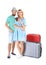 Couple with suitcases and passport on white background
