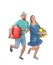 Couple with suitcases running on white background.