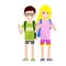 Couple in summer clothes. Students boyfriend and girlfriend with backpacks. Travelers man and girl