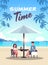 Couple summer vacation man woman drink wine umbrella on sunrise beach tropical island vertical flat