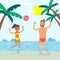 Couple on summer vacation, people playing ball in sea, man and woman leisure, vector illustration