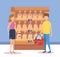 Couple in supermarket shelving with bread bags