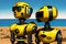 Couple of surreal yellow robots by the sea