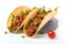 A couple of tacos sitting on top of a plate with a tomato on the side - AI Generated
