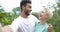 Couple Take Selfie Photo Embracing Laugh Outdoors Over Tropical Forest, Young Man And Woman Happy Smiling Talking